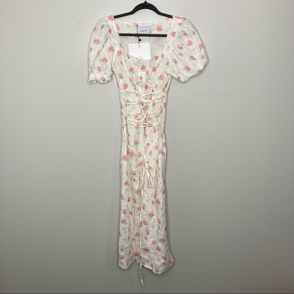 SLEEPER Marquise Linen Dress in Roses Pink White Lace Front Puff Sleeve L - Picture 4 of 9